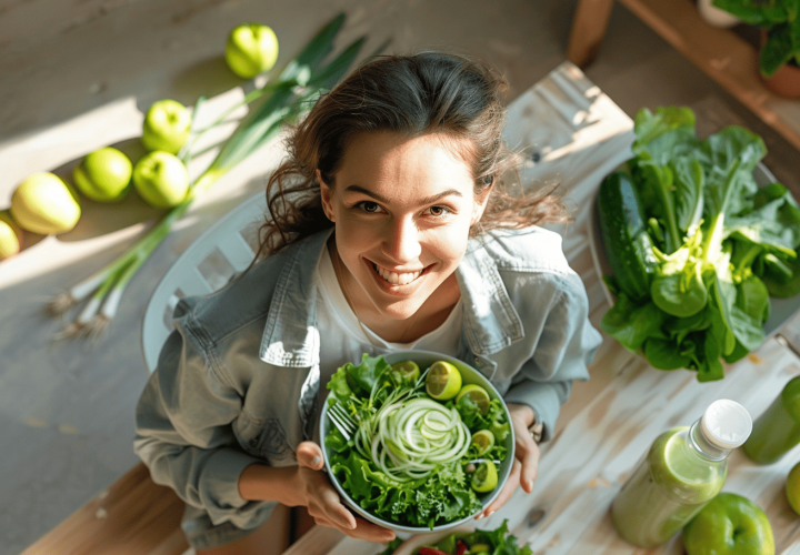 Mujer sonriendo con un bol de verduras frescas, símbolo de alimentación saludable en la Dieta FMD.