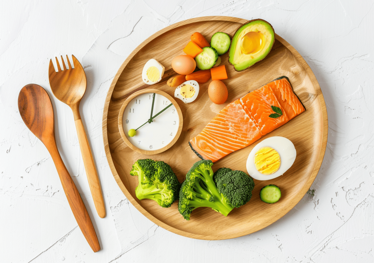 Plato saludable con salmón, verduras y reloj que representa los horarios de la Dieta FMD