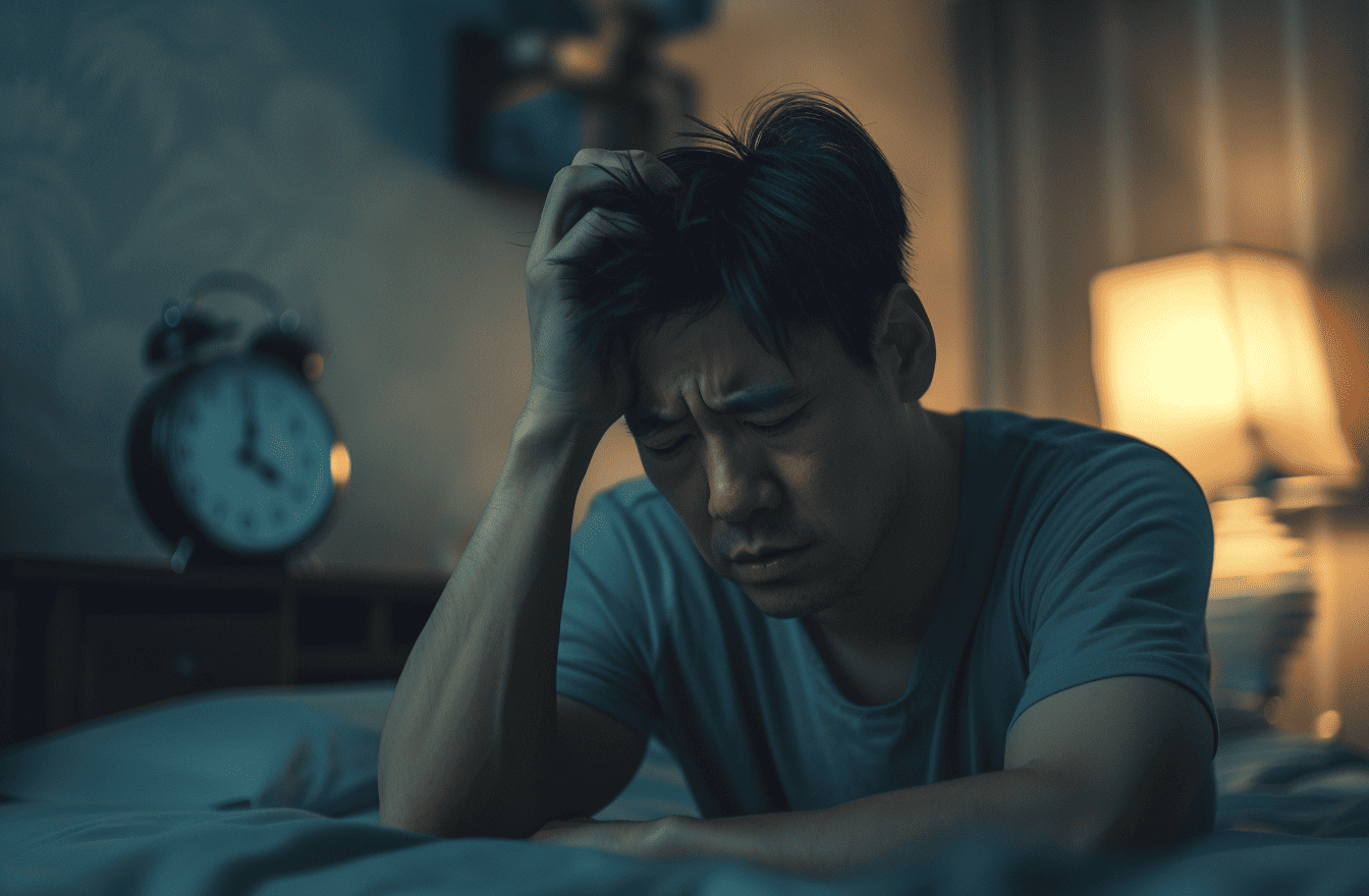 Hombre con insomnio debido a la cronodisrupción y alteración de los ritmos circadianos.