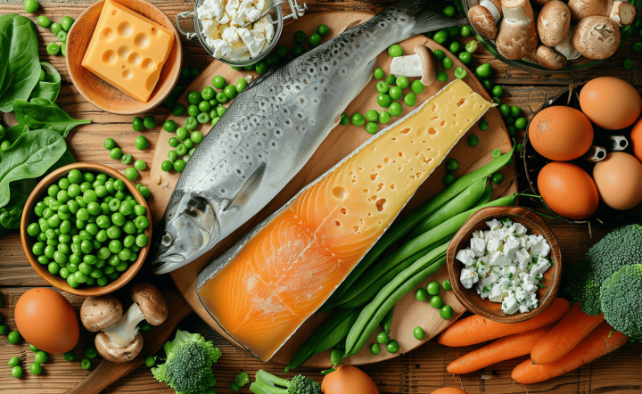 Alimentos ricos en vitamina D y K junto al complemento Vit D3+K2 de iO.GENIX para apoyar la salud ósea y cardiovascular.