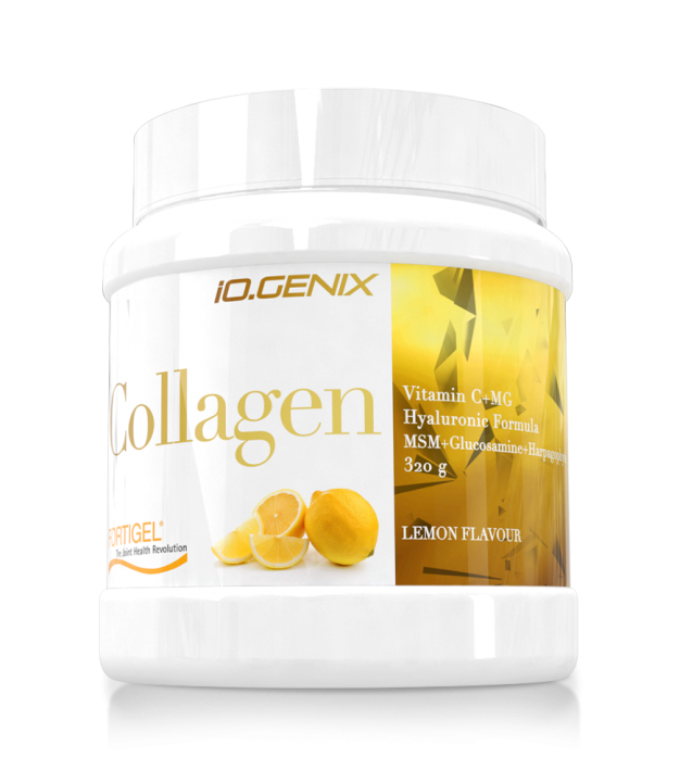 Bote de suplemento iO.GENIX Collagen Fortigel, colágeno y vitamina C sabor limón, colágeno en polvo para tendones y articulaciones.