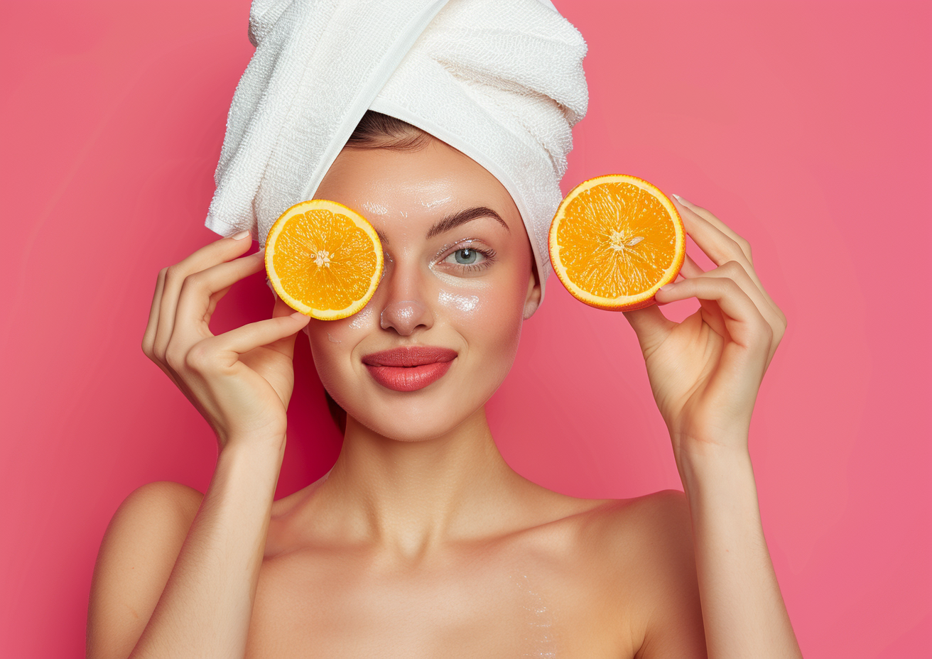 Mujer con toalla en la cabeza sosteniendo rodajas de naranja, símbolo de colágeno y vitamina C para piel sana.