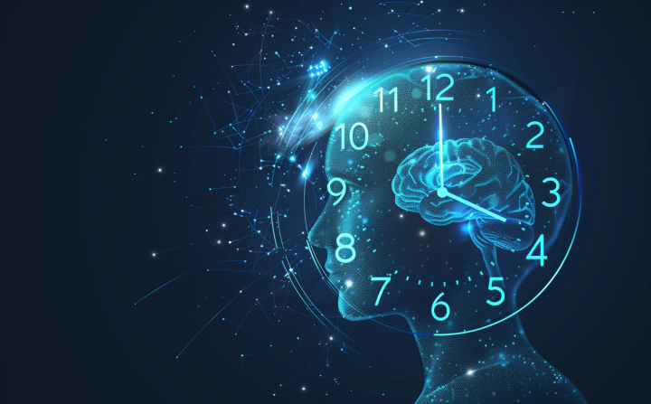 Cronobiología: cerebro dentro de un reloj azul que simboliza el reloj biológico y los ritmos circadianos.