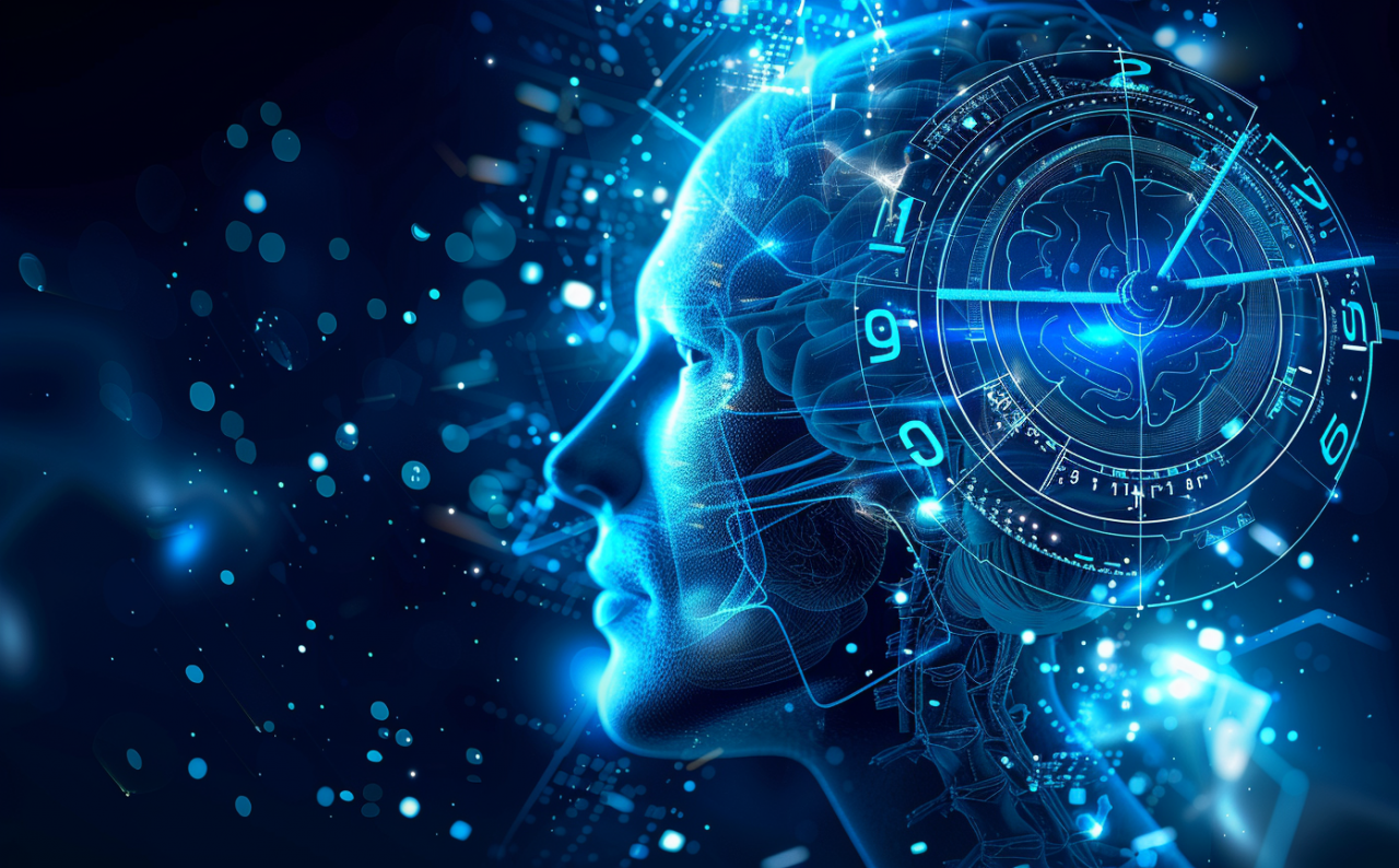 Cronobiología: rostro humano con reloj digital azul y números que representan los ritmos circadianos