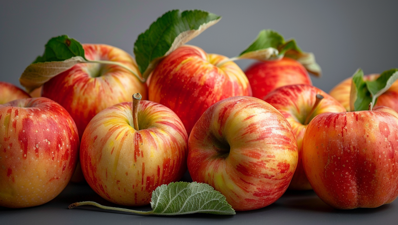 Imagen de manzanas rojas y amarillas con ácido málico, ideal para marketing.