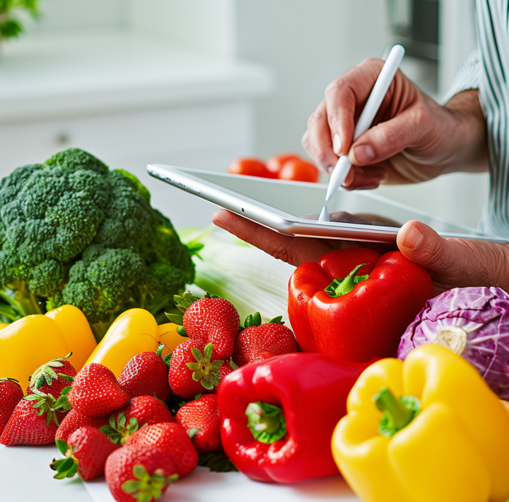 Persona tomando notas sobre alimentos ricos en triptófano para mejorar la serotonina, como brócoli, fresas y pimientos.