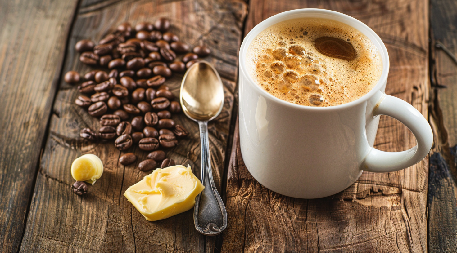 Taza de bulletproof coffee con espuma, granos de café y mantequilla al lado sobre mesa de madera.