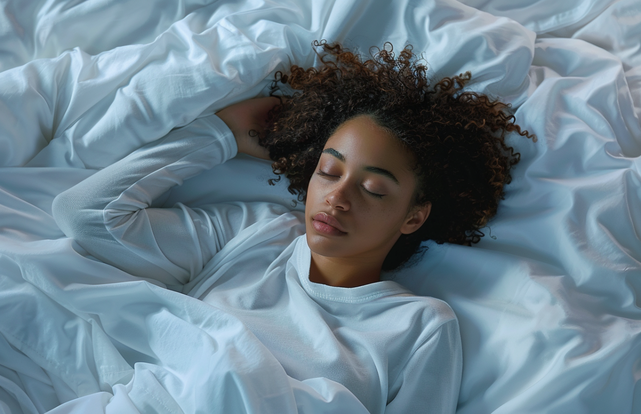 Mujer joven durmiendo plácidamente en una cama con sábanas blancas, representando descanso reparador.