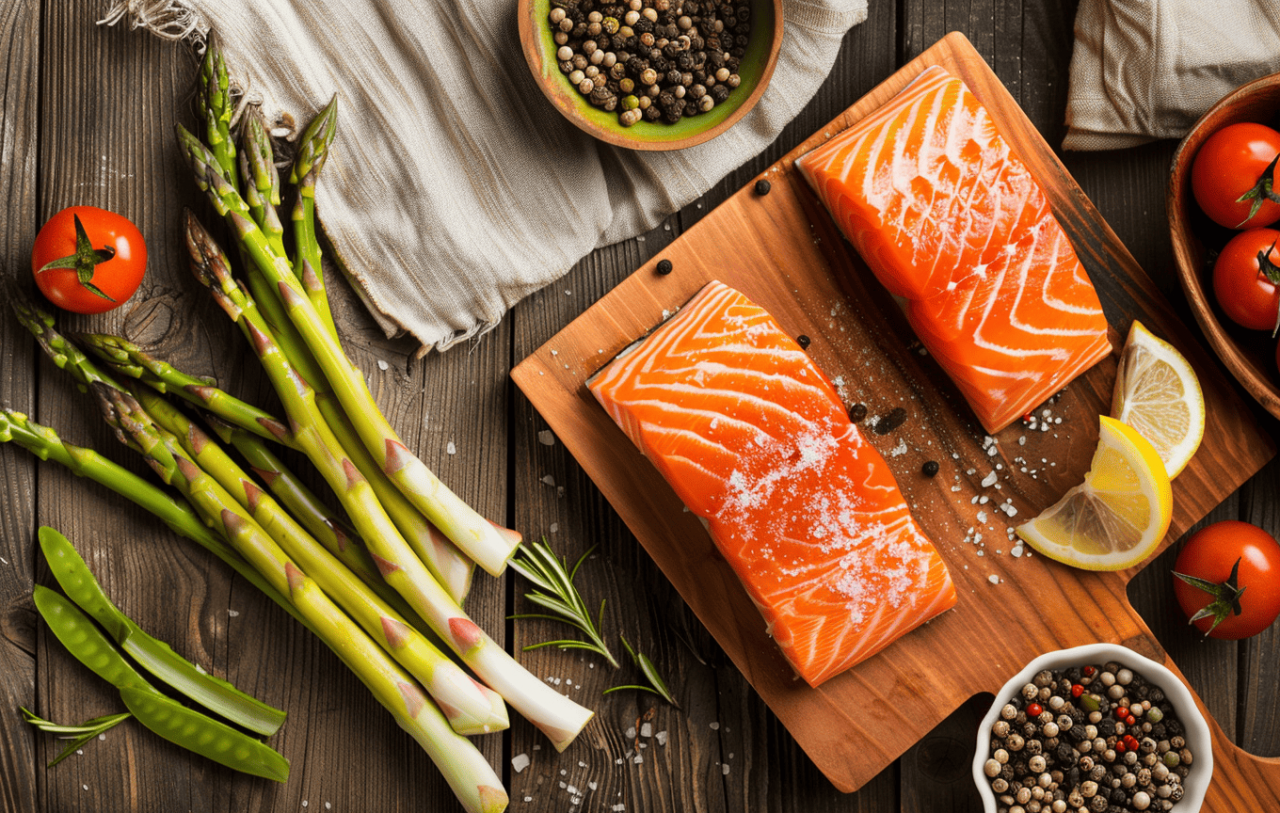 Tabla de salmón fresco con espárragos, fuente natural de triptófano para la producción de serotonina.