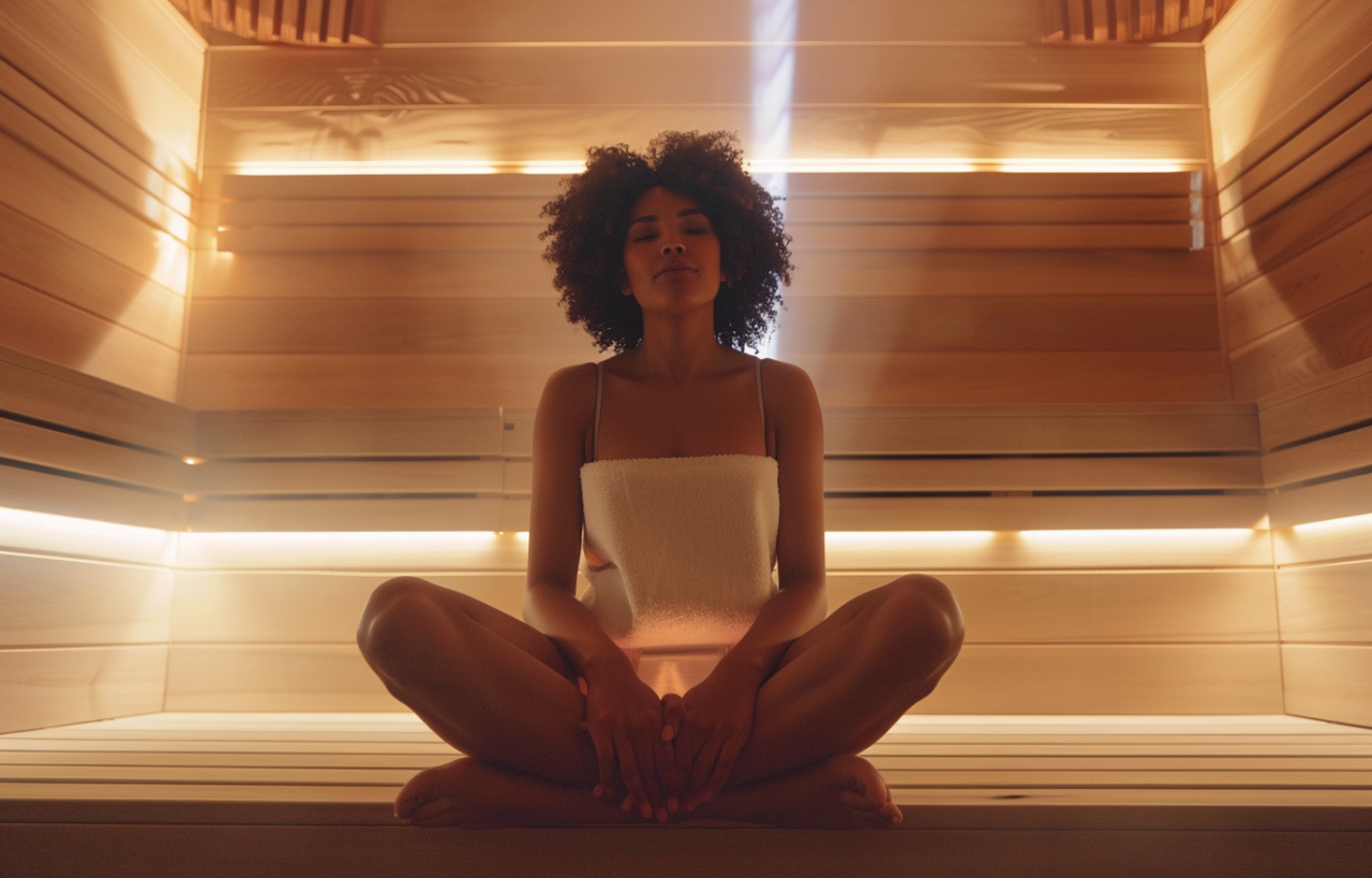 Mujer joven en sauna de madera, sentada con toalla blanca, disfrutando de un momento de relajación y bienestar.