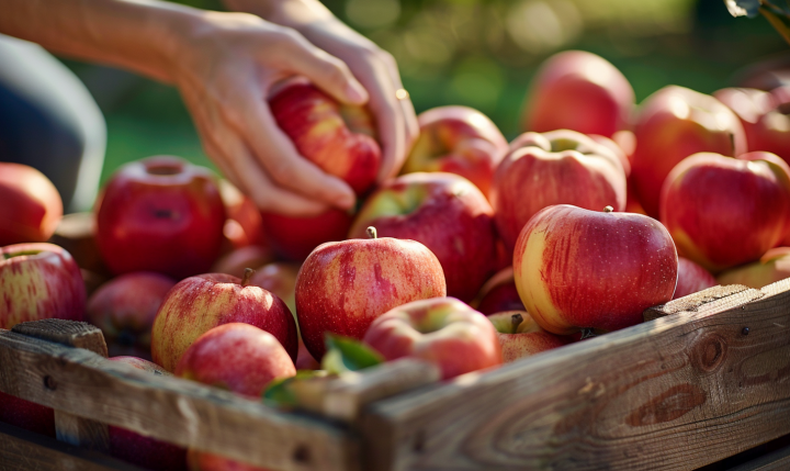 Imagen de una persona seleccionando manzanas frescas de una caja de madera, ideal para marketing.