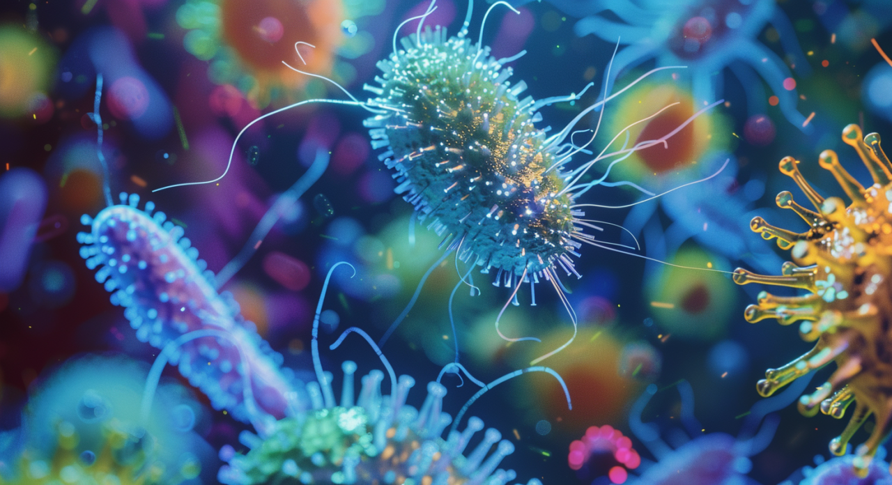 Ilustración microscópica de microbiota intestinal productora de ácidos grasos ramificados.
