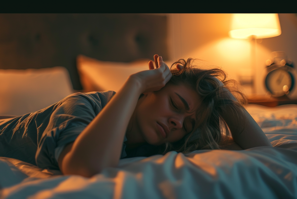 Mujer joven tumbada en la cama con dolor de cabeza, imagen relacionada con migraña y el papel del magnesio en su manejo.