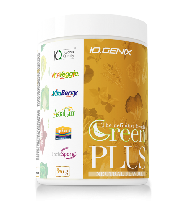 Fibra soluble e insoluble: bote de iO.GENIX Healthy Green Plus con mezcla de vegetales y frutas