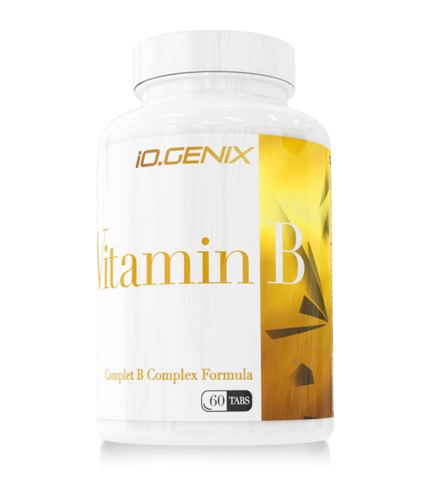 Envase de iO.GENIX Vitamin B Complex (60 tabletas), complemento alimenticio con vitaminas del grupo B.