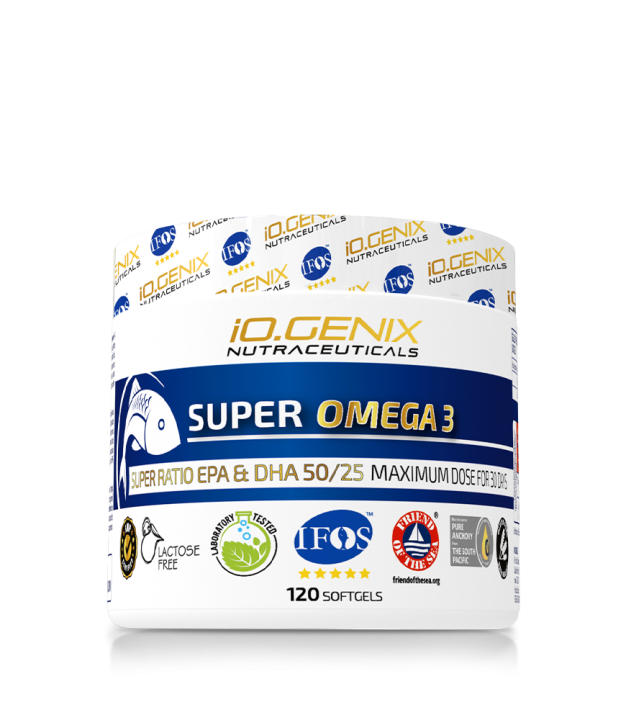 Envase de suplemento iO.GENIX Super Omega-3, rico en EPA y DHA, relacionado con la modulación de la neuroinflamación y la salud cerebral.