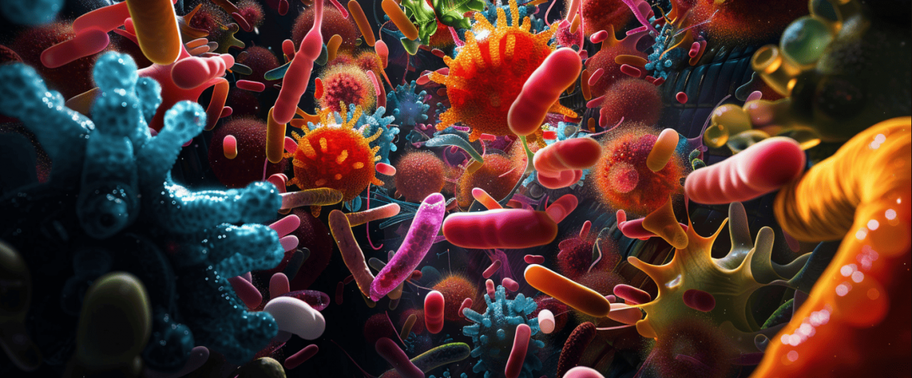 Ilustración de microbiota intestinal con bacterias y postbióticos en un entorno colorido.