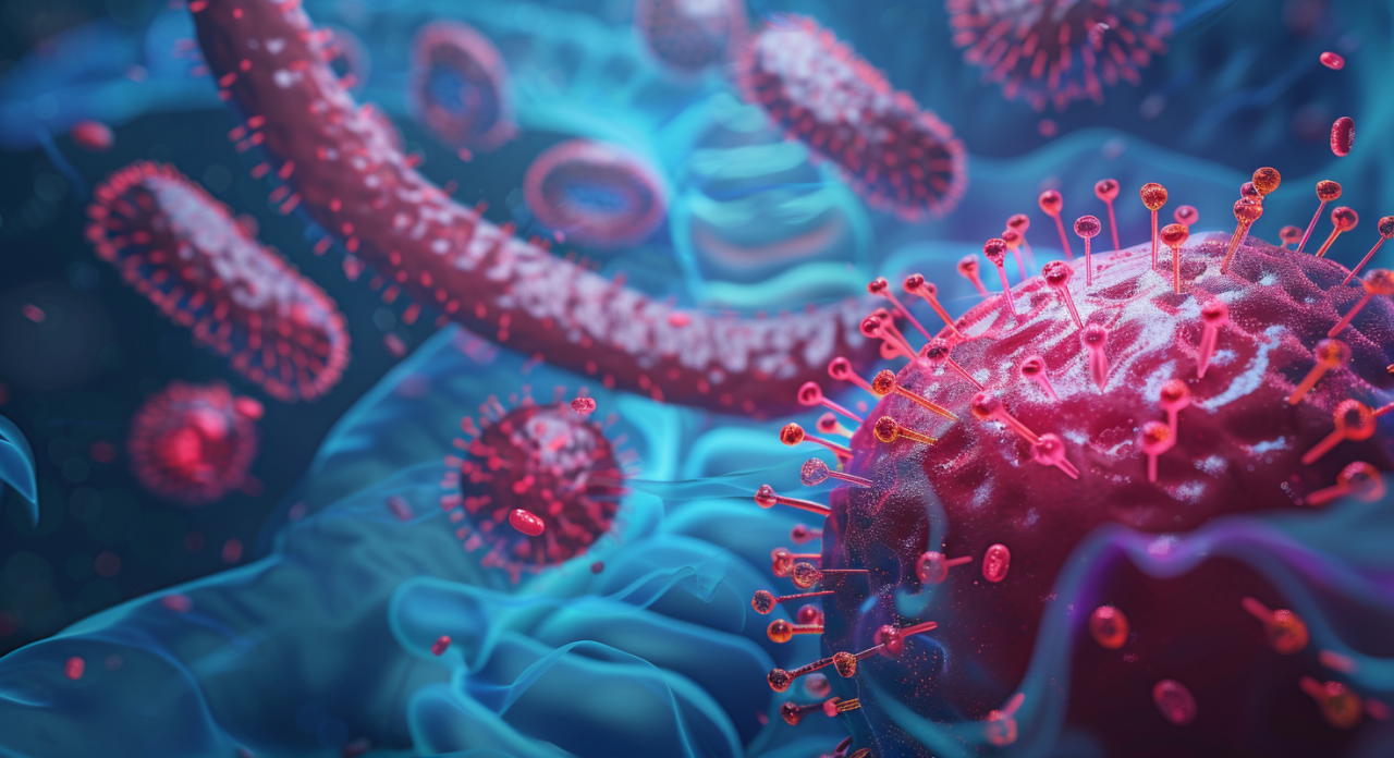 Ilustración 3D del estómago con bacterias; microbiota, barrera intestinal e intestino permeable