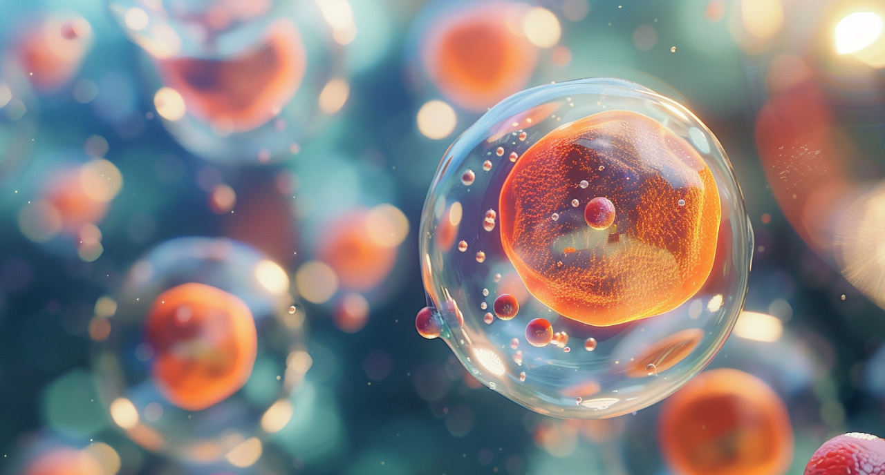 Render 3D de células transparentes con núcleos naranjas; concepto de inflamación silenciosa a nivel celular.