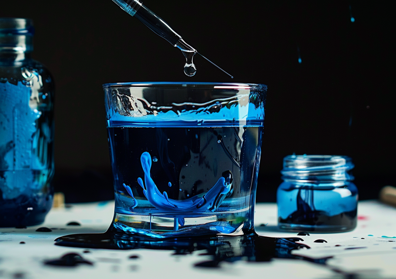 Vaso con líquido azul representando el azul de metileno, un compuesto utilizado en medicina e investigación científica.