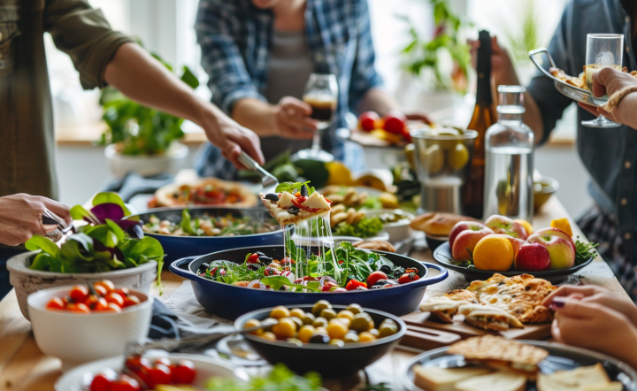 Grupo de amigos comiendo al mediodía, ejemplo de dieta circadiana con comida principal a horas diurnas.