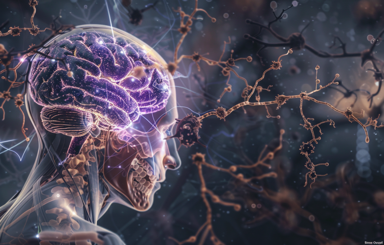 Ilustración de un cerebro humano iluminado con conexiones neuronales y tonos púrpura, representando la neuroinflamación y la actividad cerebral.