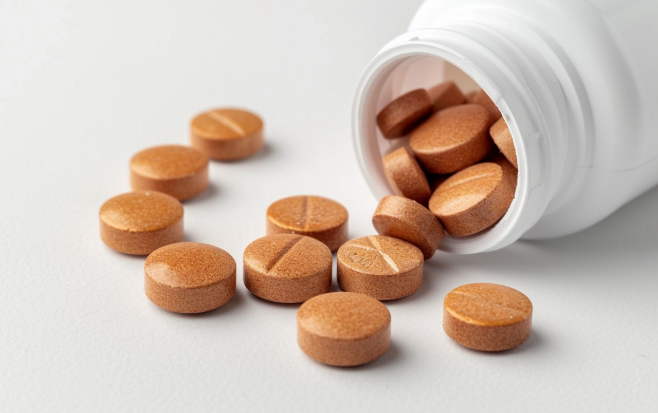 Tabletas multivitamínicas con Folato (vitamina B9) saliendo de un bote blanco sobre una superficie clara.
