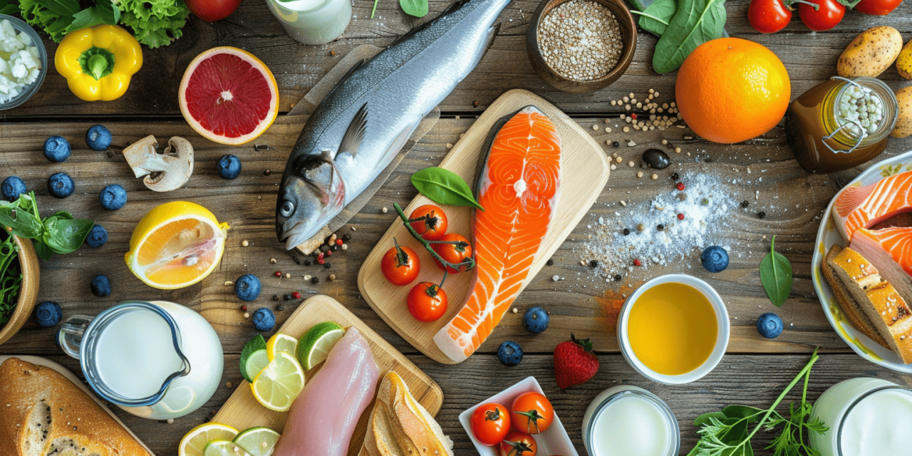 Alimentos para mantener triglicéridos bajos: pescado azul, frutas, verduras, aceite de oliva, frutos secos y huevos sobre mesa
