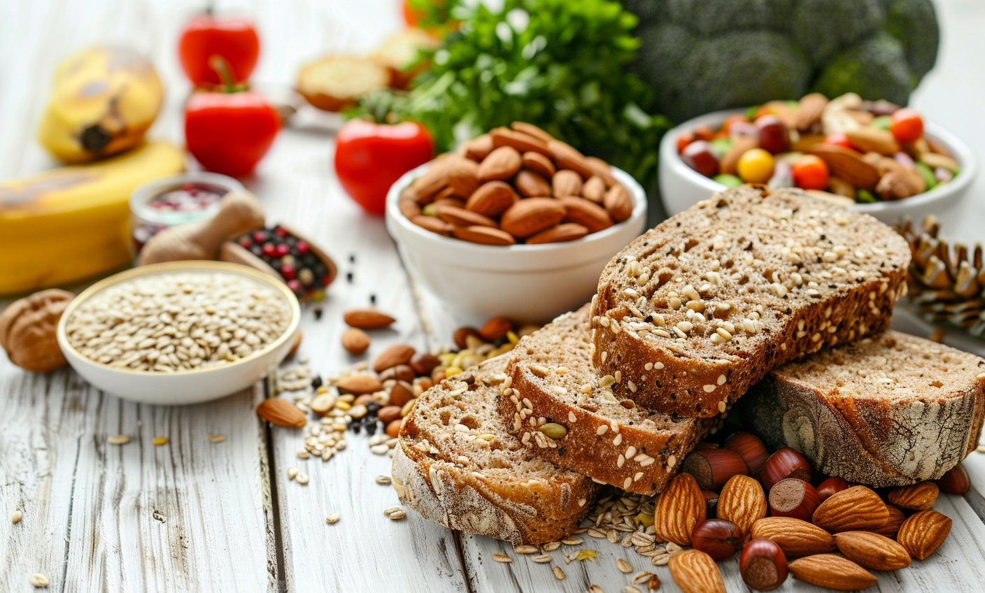 Pan integral, avena, frutos secos y fruta fresca sobre mesa de madera — fuentes de fibra soluble e insoluble