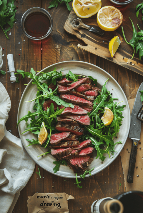 Plato con filetes de ternera al punto sobre ensalada y limón; imagen para artículo sobre TMAO, carne roja y salud cardiovascular.
