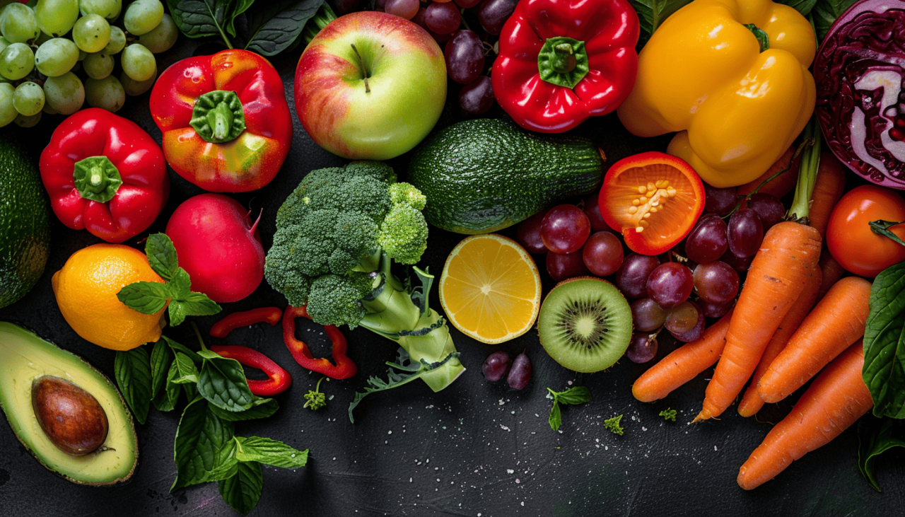 Bodegón de frutas y verduras de colores (pimientos, tomates, cítricos, kiwis, uvas, zanahorias) ricos en fitonutrientes sobre fondo oscuro.