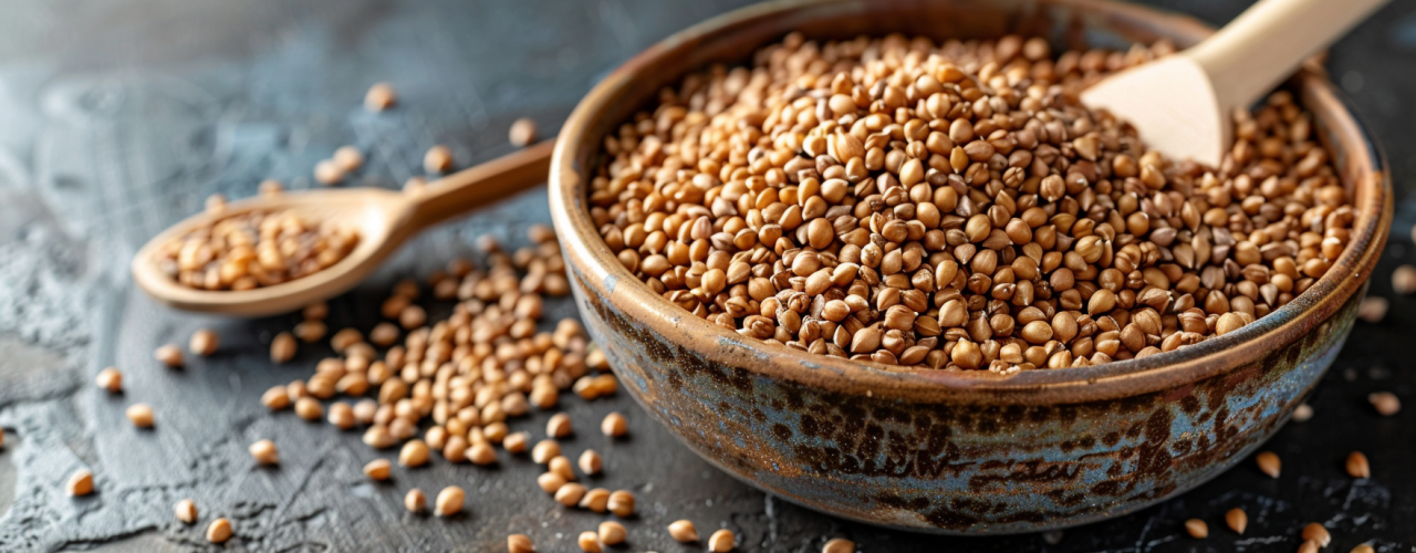 Trigo sarraceno en cuenco de madera — grano sin gluten y fuente natural de espermidina