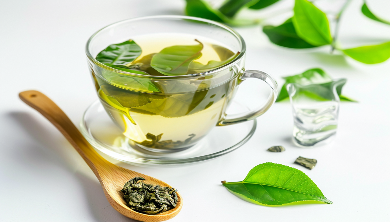 Taza de té verde con hojas y cuchara de madera, fuente natural de teanina y cafeína.