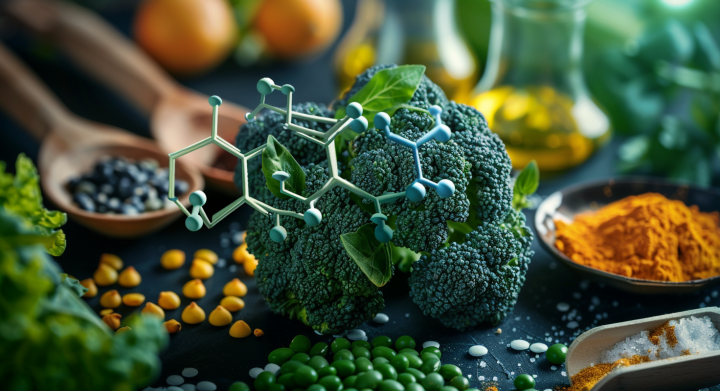 Brócoli fresco junto a cúrcuma, jengibre y otros ingredientes antioxidantes sobre una mesa de cocina.
