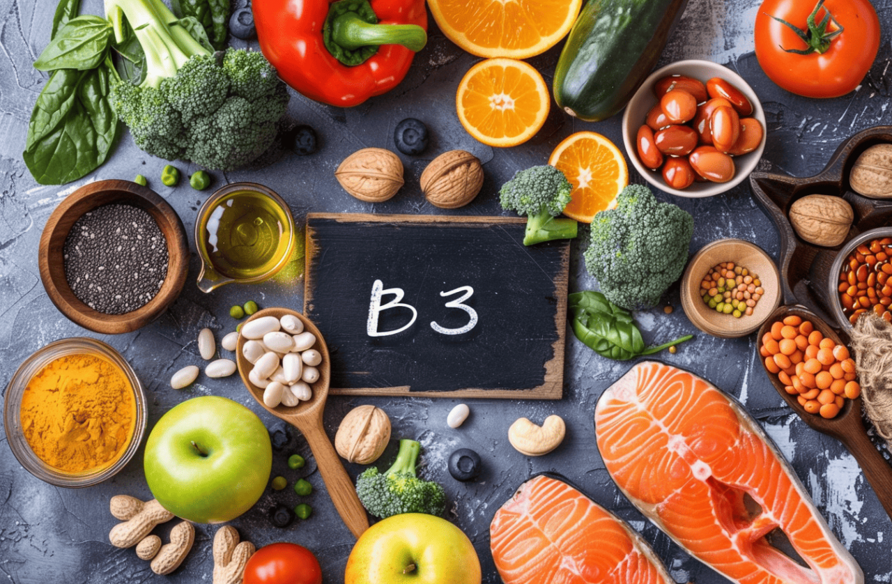 Alimentos ricos en vitamina B3 (niacina) alrededor de una pizarra con “B3”, relacionados con la síntesis de NAD⁺.