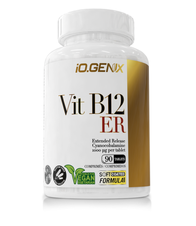 Bote de iO.GENIX Vitamina B12 ER, complemento apto para dieta vegana.