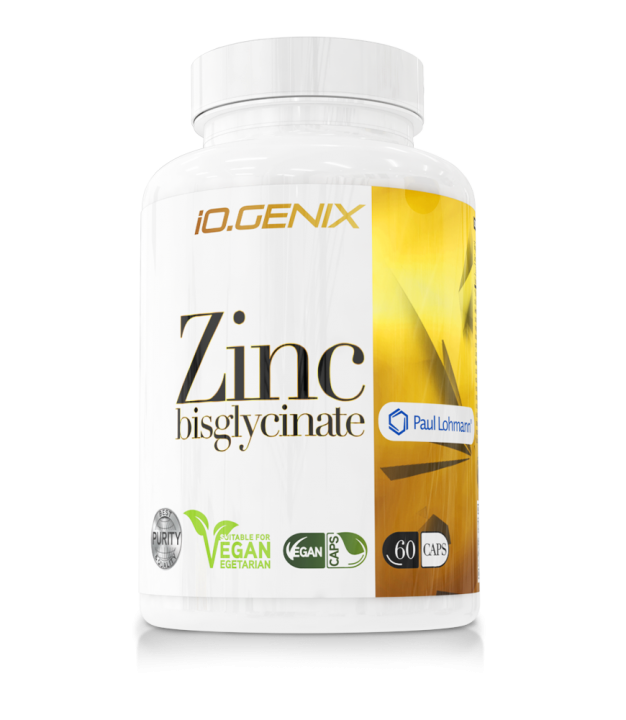 Bote de iO.GENIX Zinc Bisglycinate; complemento de zinc que puede complementar el aporte de zinc de las semillas de calabaza.