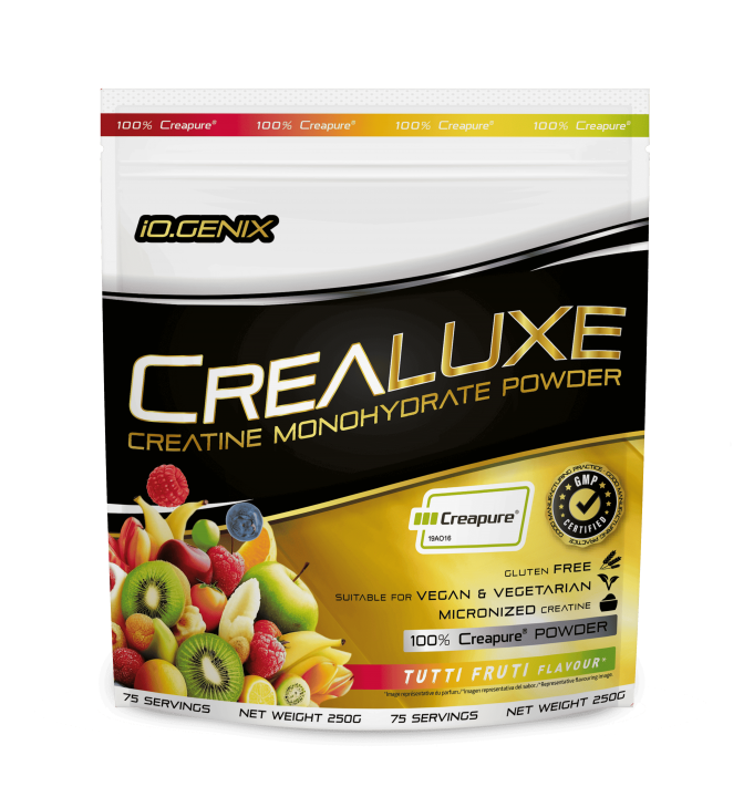 Envase de CREALUXE, creatina monohidrato en polvo sabor tutti frutti de iO.GENIX, para ilustrar el artículo sobre 5 beneficios de la creatina.
