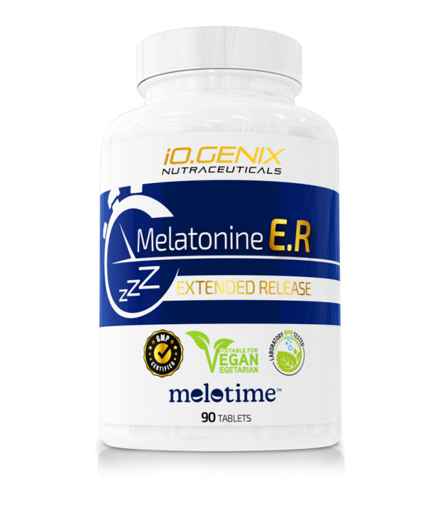 Tipos de melatonina: bote de melatonina de liberación prolongada (E.R.) de iO.GENIX, ejemplo para mantenimiento del sueño.