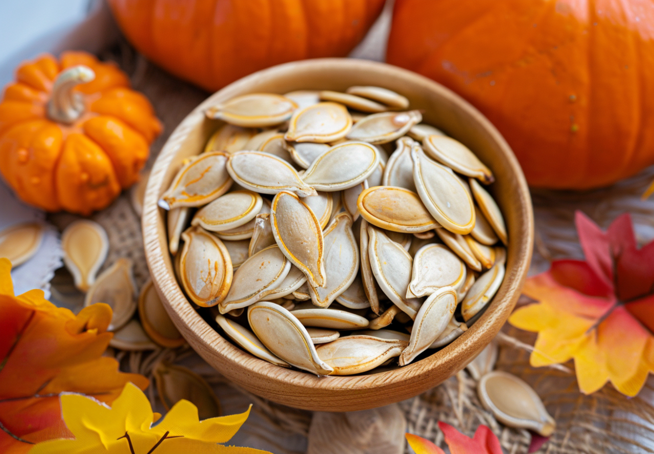 Cuenco con semillas de calabaza (pepitas) sobre mesa otoñal junto a calabazas y hojas.