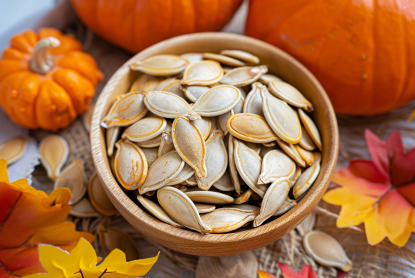 Cuenco con semillas de calabaza (pepitas) sobre mesa otoñal junto a calabazas y hojas.