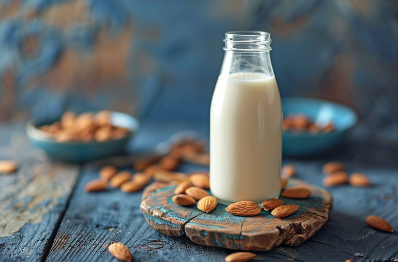 Botella de leche de almendras sobre mesa de madera azul con almendras alrededor