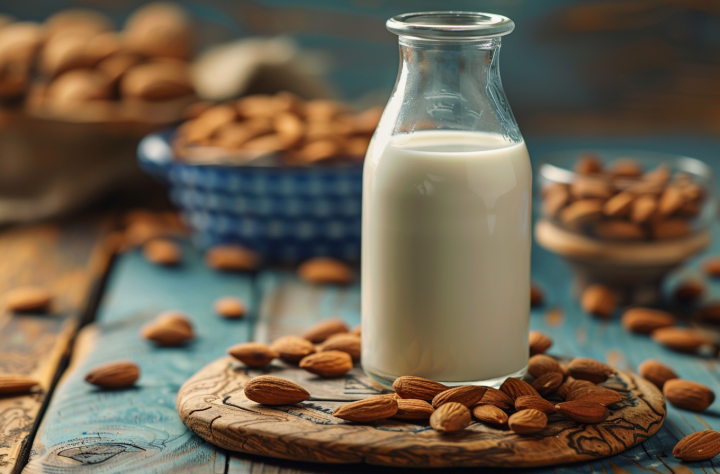 Botella de leche de almendras sobre mesa de madera con almendras alrededor