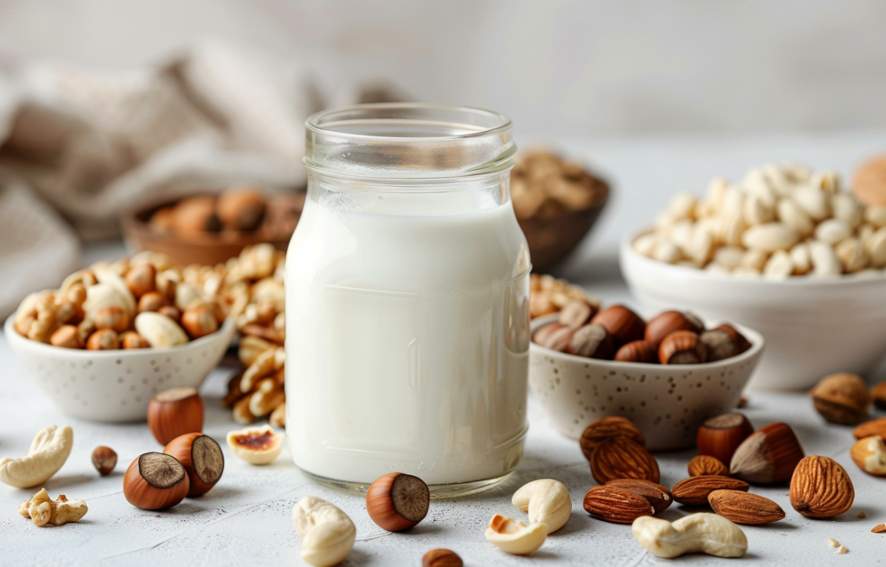 Vaso de bebida vegetal blanca rodeado de frutos secos sobre una mesa