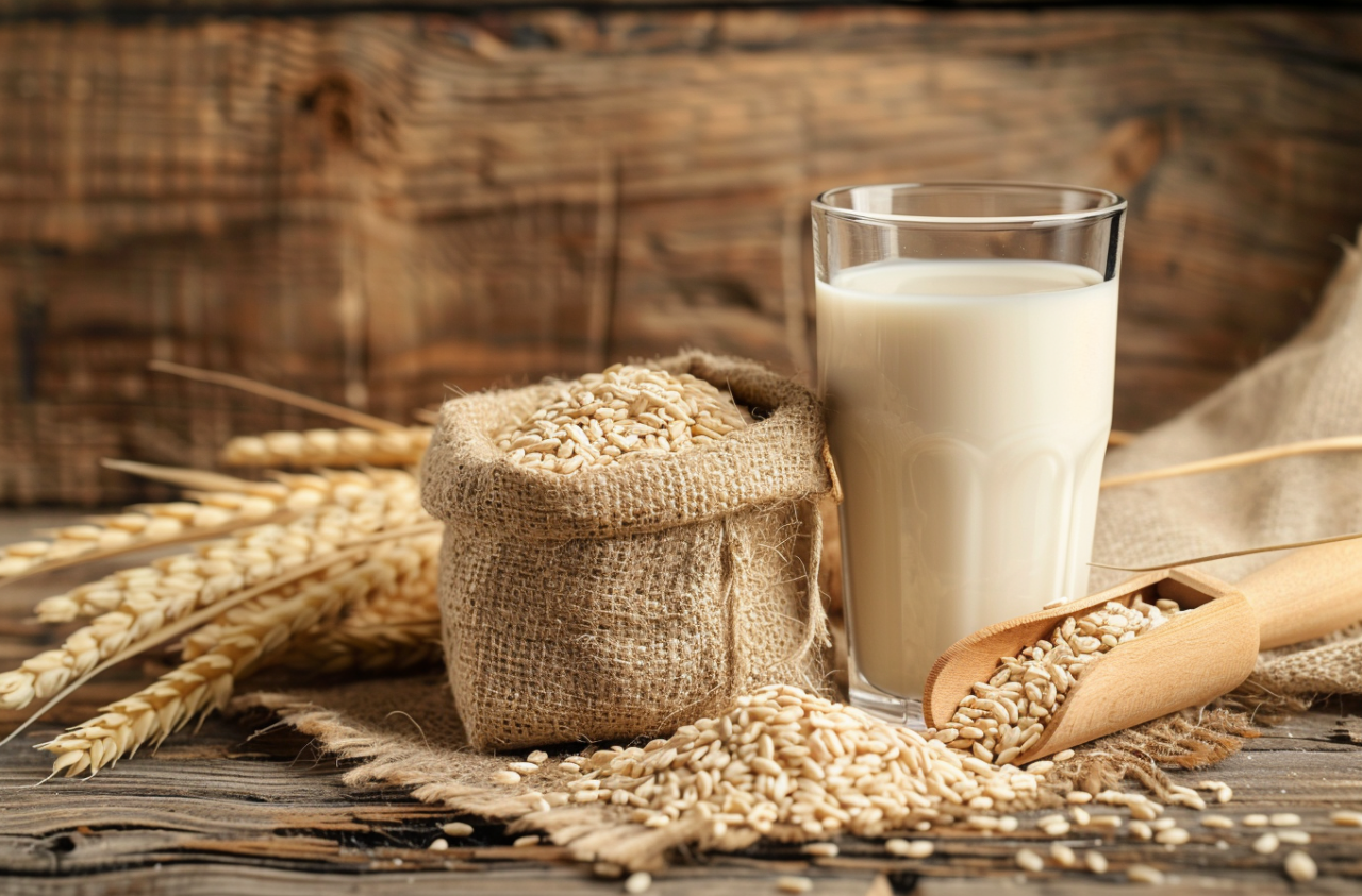 Vaso de leche de avena junto a copos y granos de avena sobre una mesa rústica