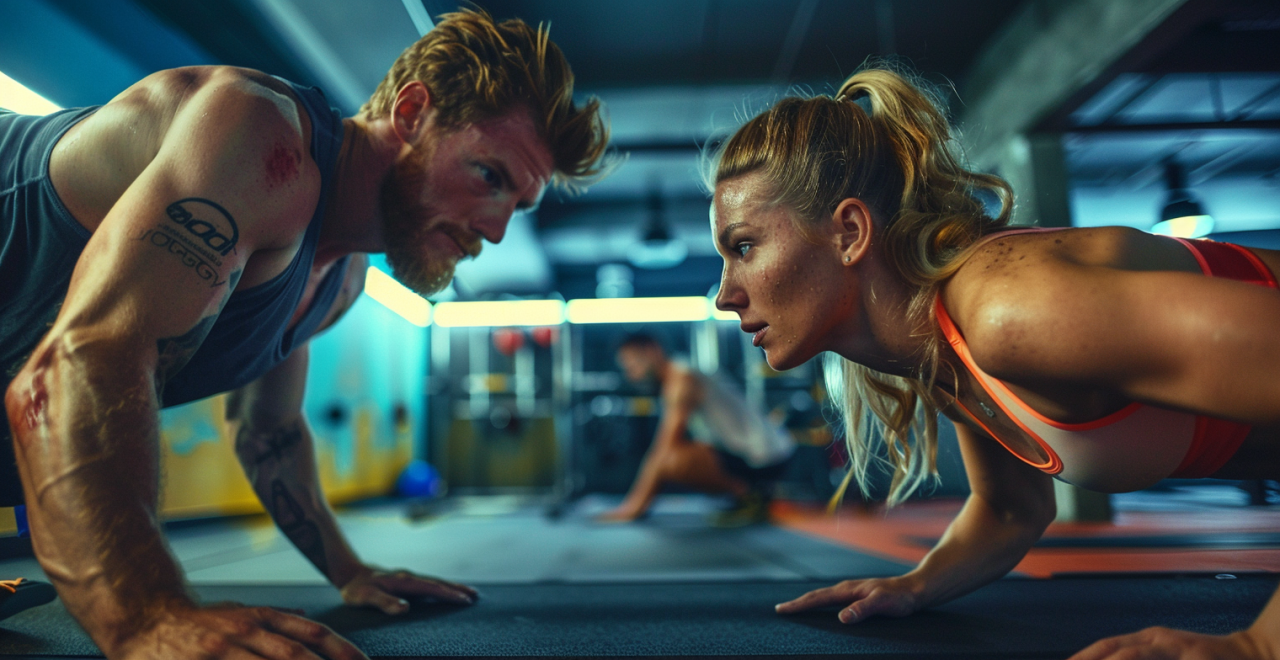 Hombre y mujer entrenando juntos en el gimnasio, representando los 5 beneficios de la creatina para el rendimiento deportivo.