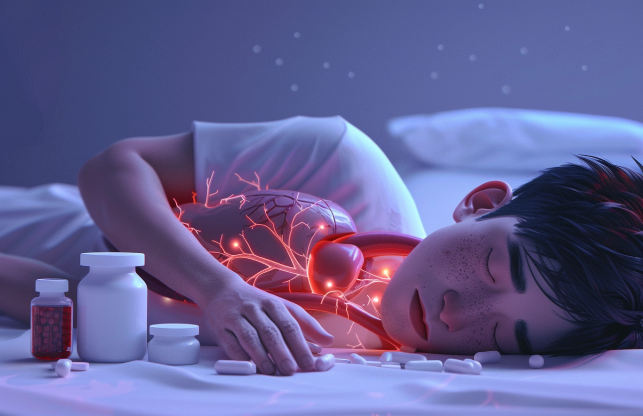 melatonina corazón: hombre durmiendo con arterias iluminadas, concepto de sueño y salud cardiovascular