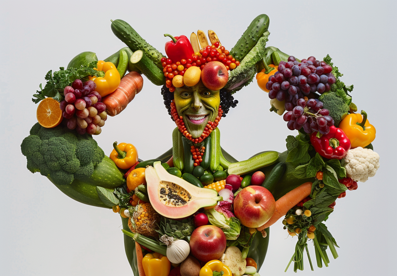 Figura musculosa hecha con frutas y verduras que representa la fuerza y salud de una dieta vegana.