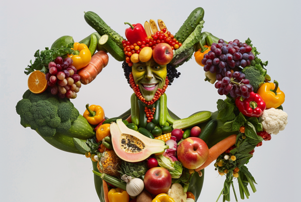Figura musculosa hecha con frutas y verduras que representa la fuerza y salud de una dieta vegana.
