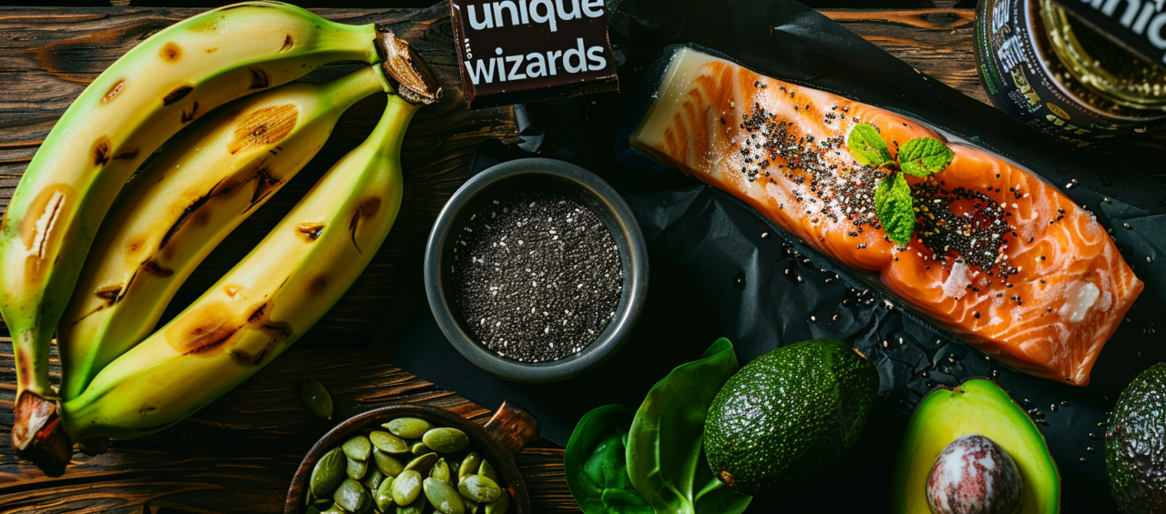 Alimentos ricos en magnesio (aguacate, plátano, salmón, semillas y frutos secos) – guía sobre tipos de magnesios.